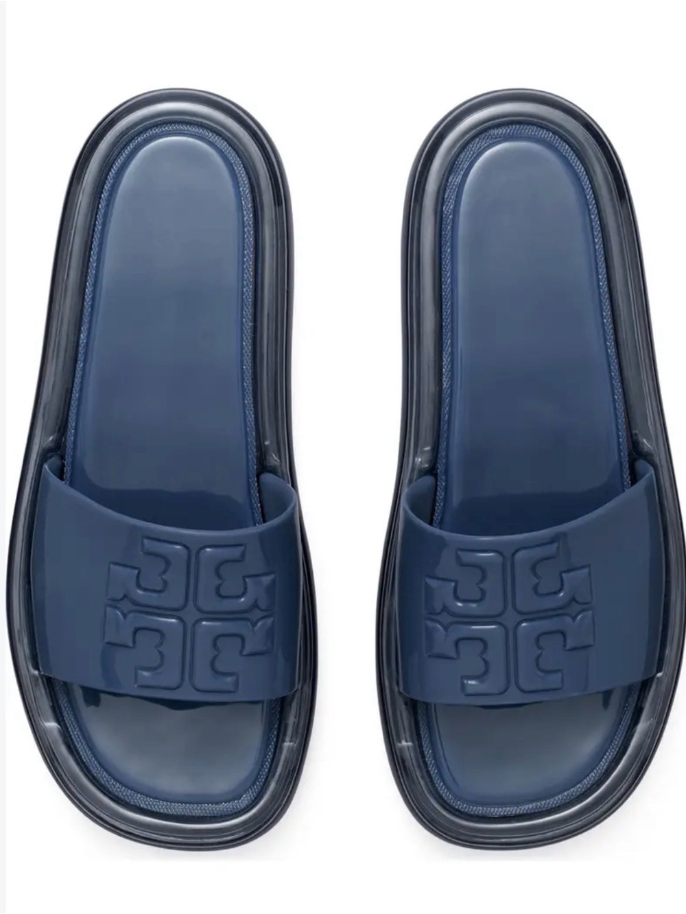 Tory Burch Navy Logo Slide Sandals - Women's